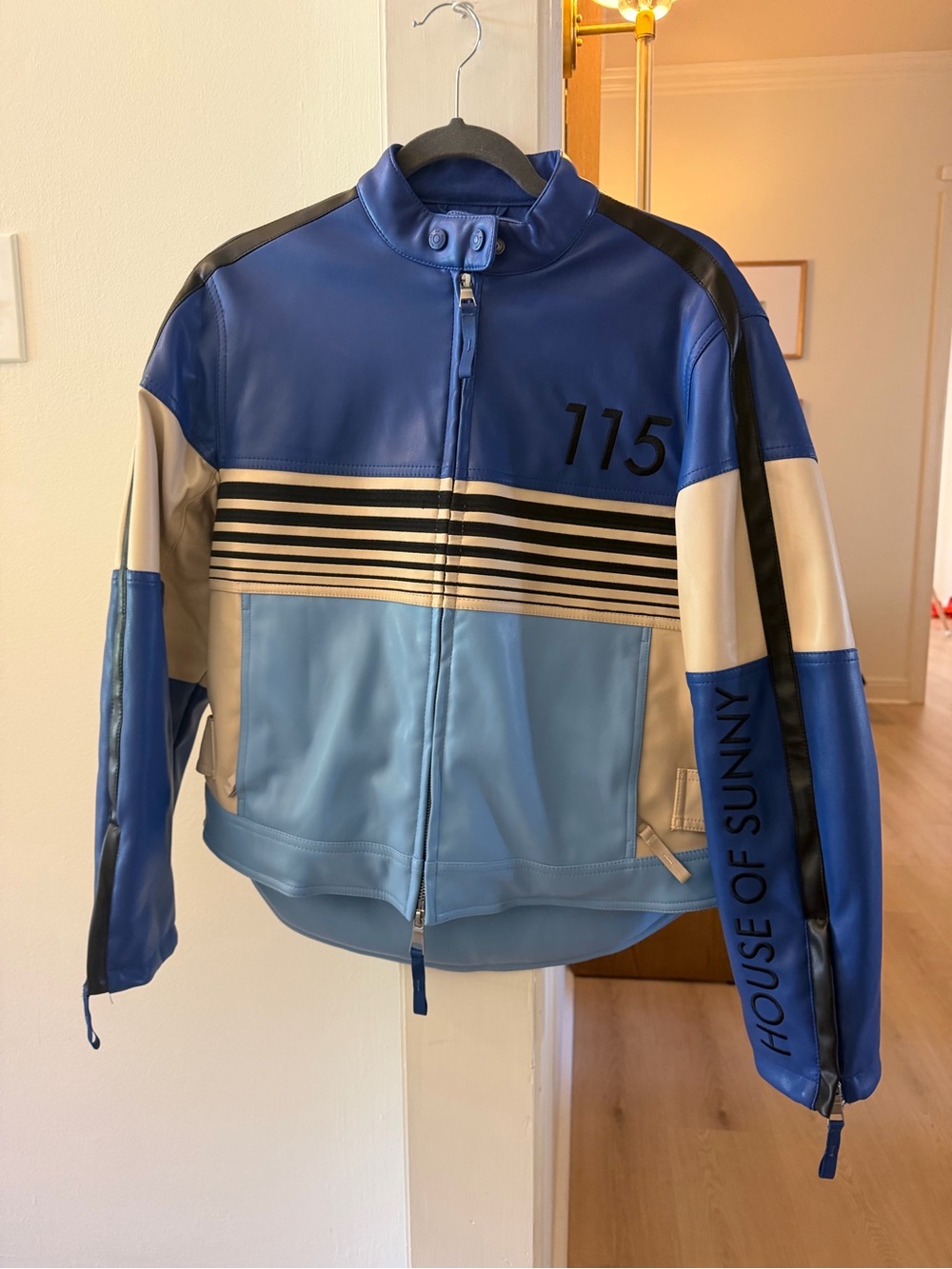 House of Sunny Blue Colorblock Leather Bomber with Cream & Black Stripes